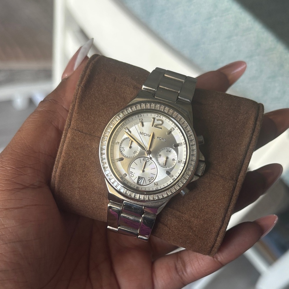 Michael Kors Silver Crystal-Accented Chronograph Bracelet Watch